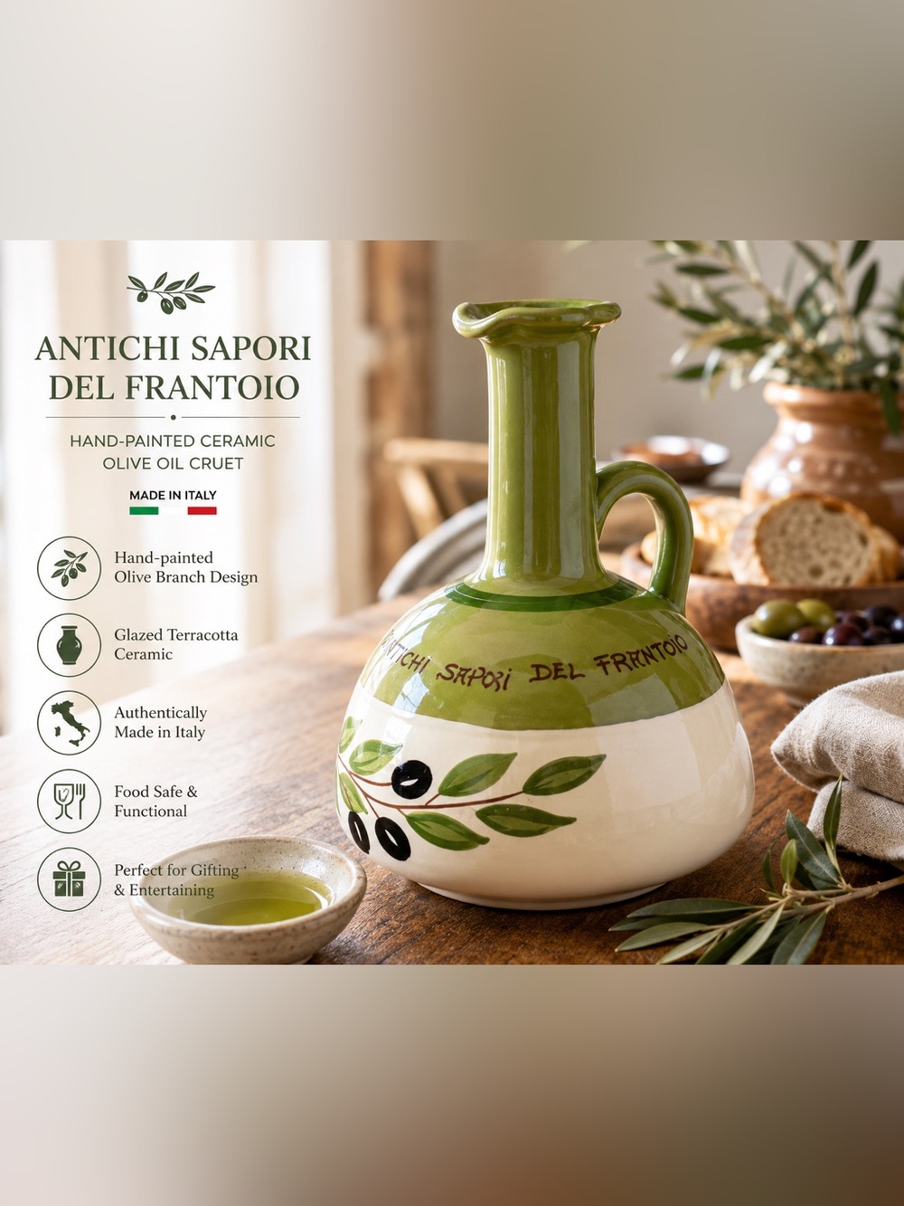 Italian Green and White Hand-Painted Ceramic Olive Oil Cruet - Picture 1 of 7